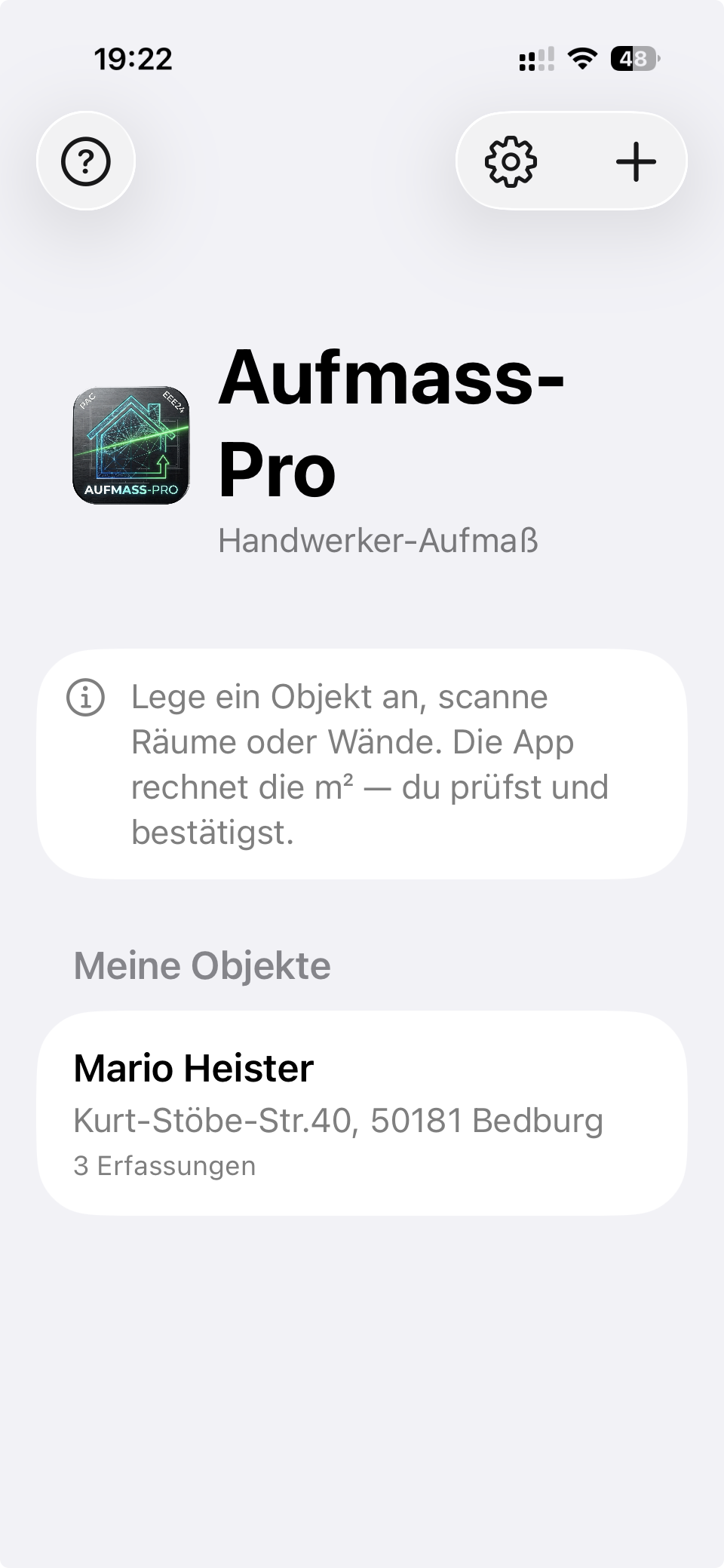 Aufmass-Pro Startbildschirm